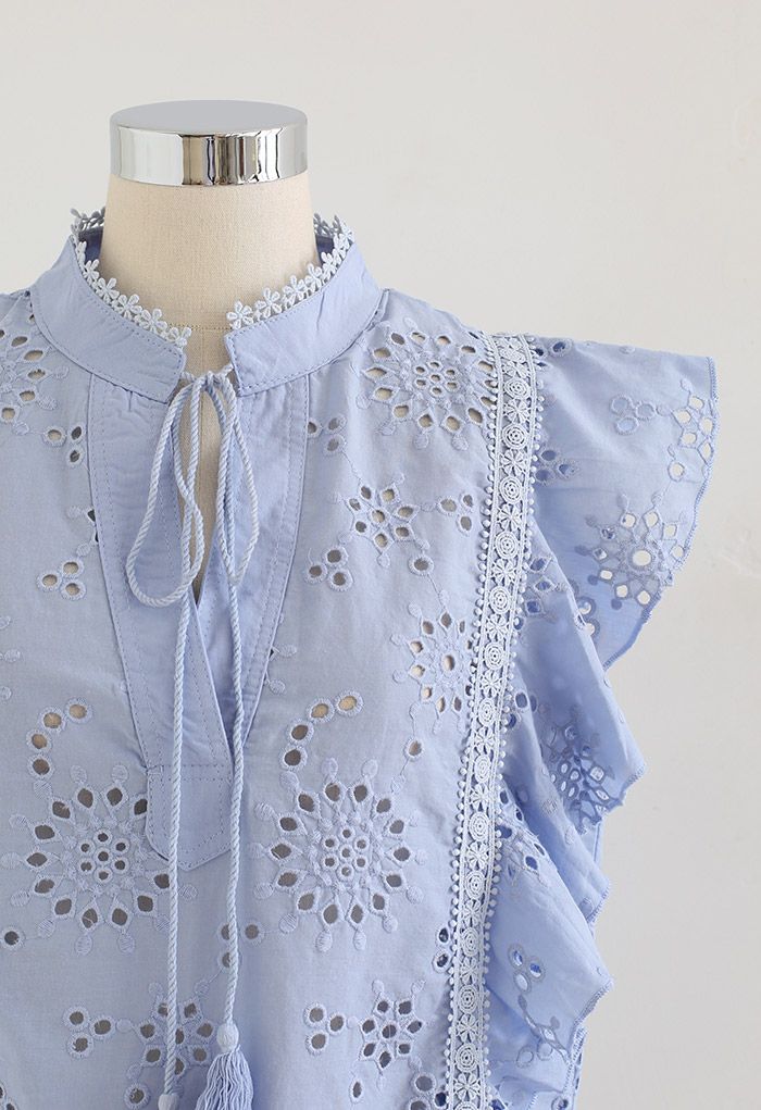 Ruffle Sleeveless Embroidered Eyelet Top in Blue
