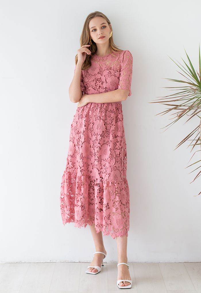 Princess Chic Floral Crochet Belted Dress in Pink