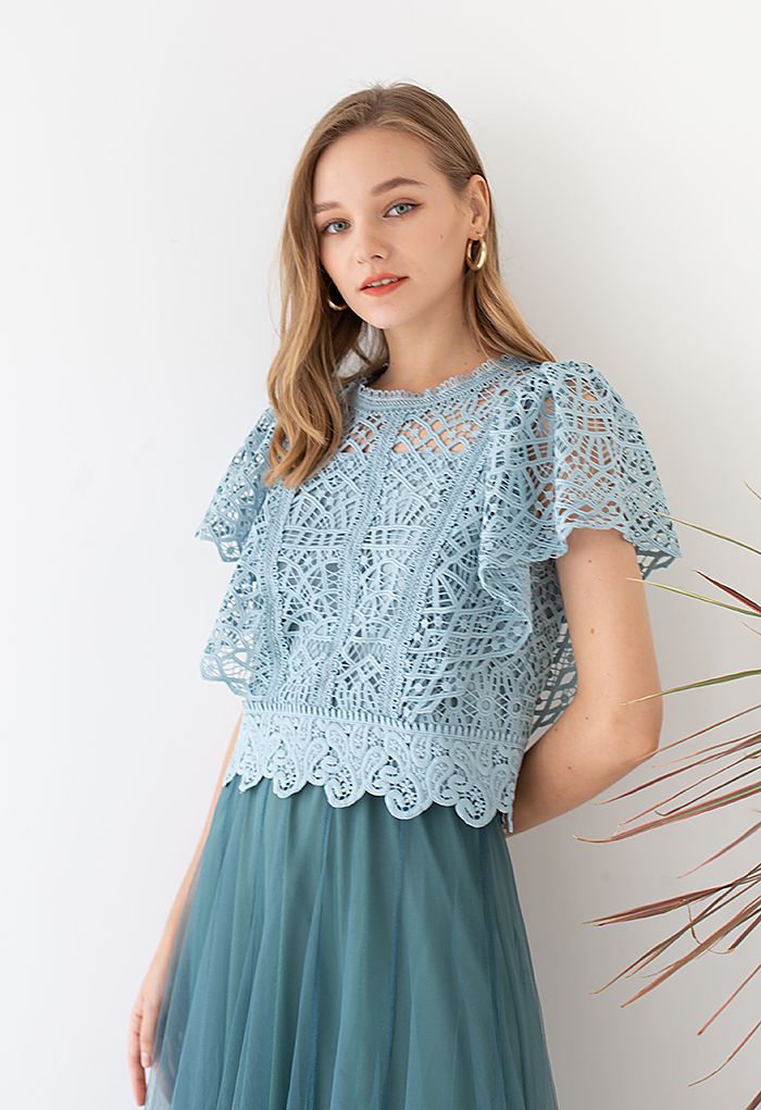 Ruffle Sleeves Full Crochet Crop Top in Dusty Blue - Retro, Indie and  Unique Fashion