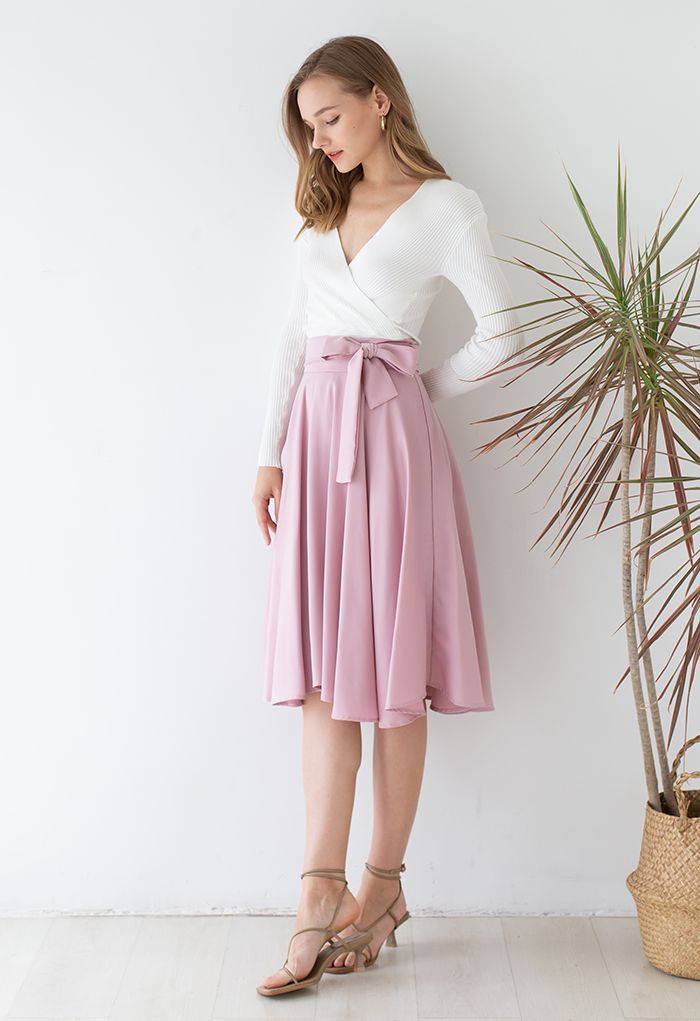 Flare Hem Bowknot Waist Midi Skirt in Pink