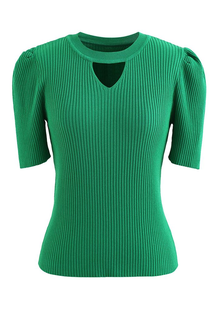 Triangle Cutout Short Sleeve Knit Top in Green