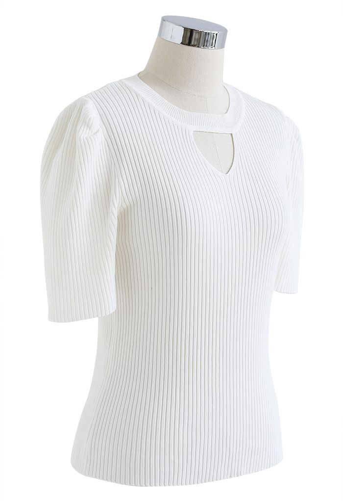 Triangle Cutout Short Sleeve Knit Top in White