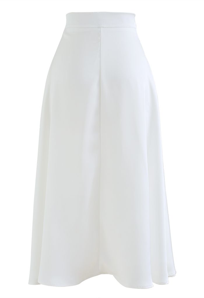 Flowy Satin Pleated Flap Midi Skirt in White
