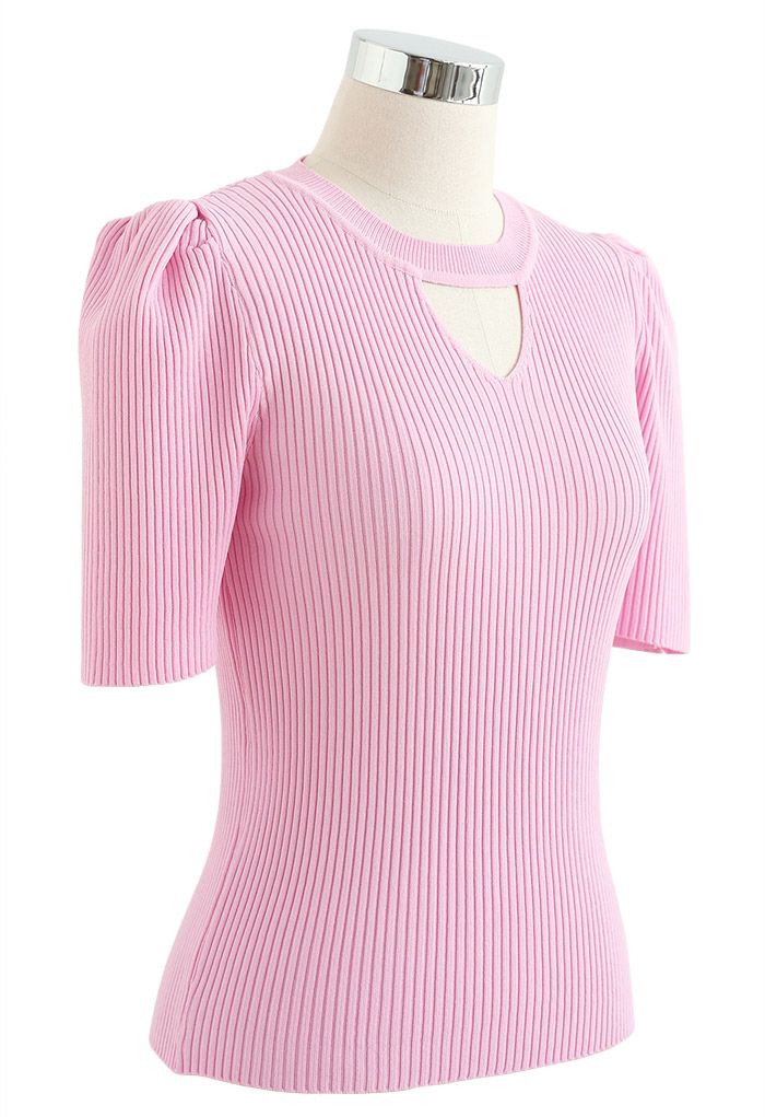 Triangle Cutout Short Sleeve Knit Top in Pink