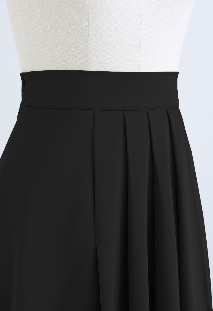 Flowy Satin Pleated Flap Midi Skirt in Black
