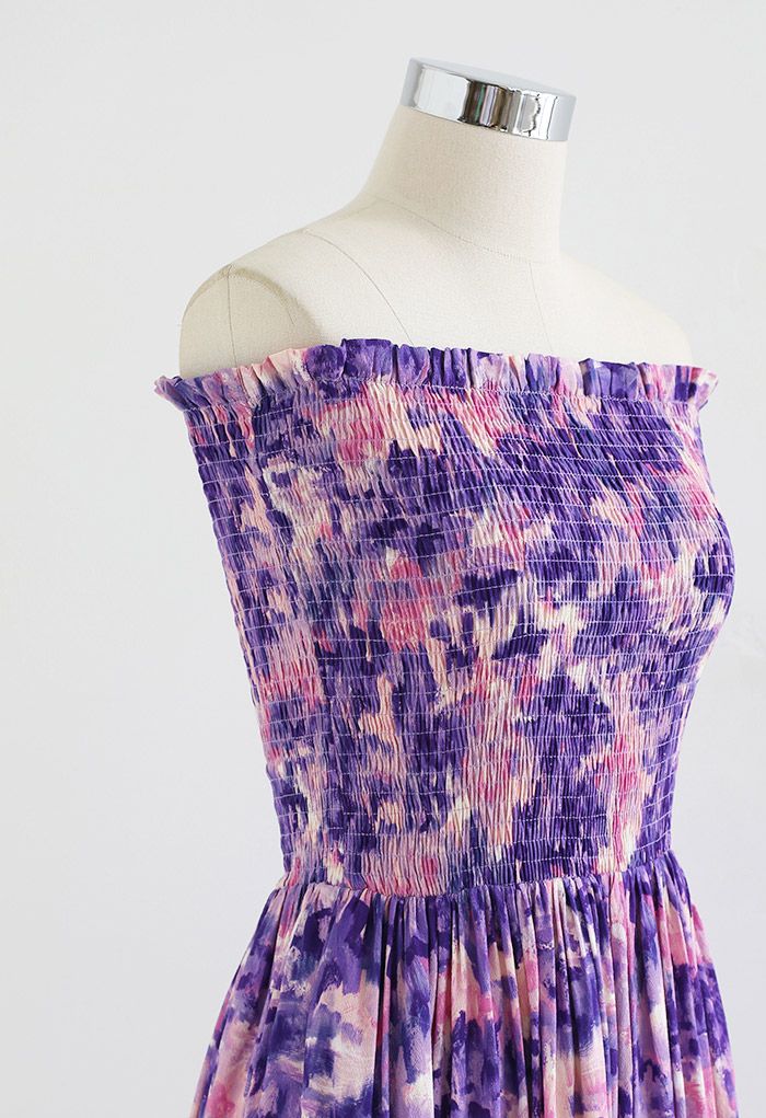 Oil Painting Shirring Strapless Dress in Purple