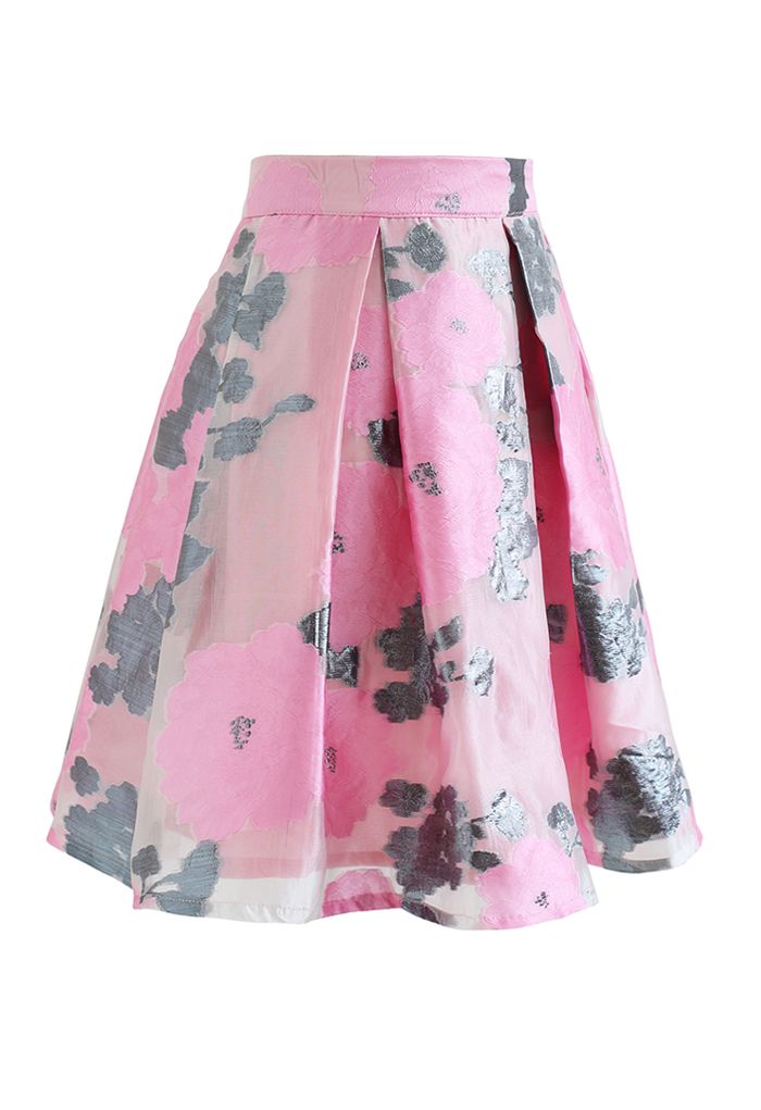 Shiny Floral Jacquard Organza Pleated Skirt in Hot Pink