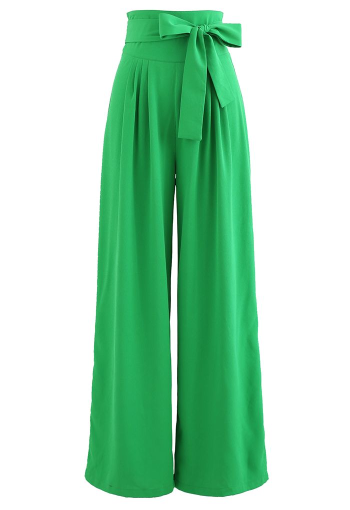 Bowknot High Waist Wide-Leg Pants in Green