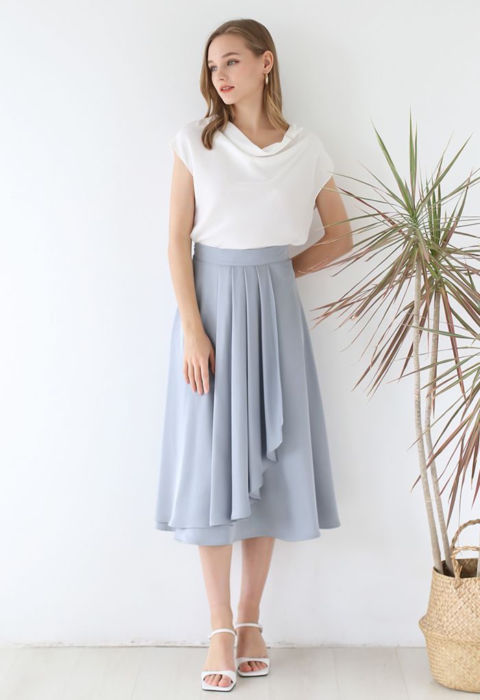 Flowy Satin Pleated Flap Midi Skirt in Dusty Blue