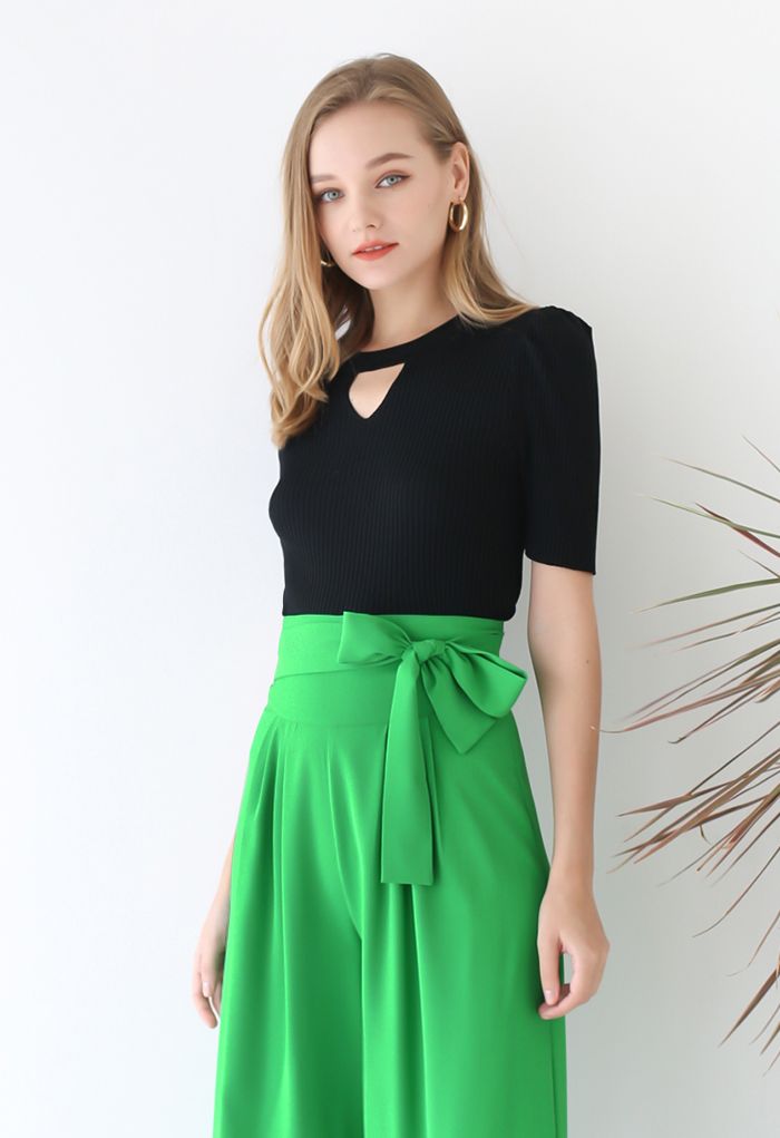 Triangle Cutout Short Sleeve Knit Top in Black