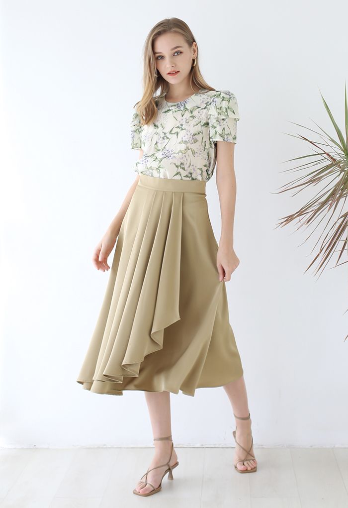 Flowy Satin Pleated Flap Midi Skirt in Light Tan