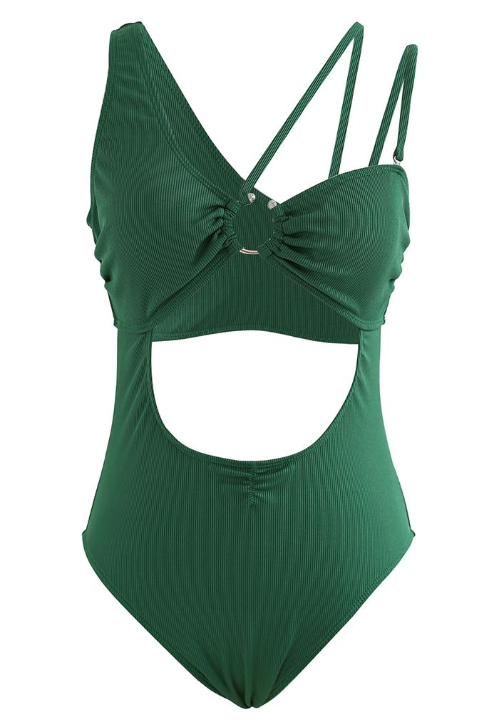 Dark Green Asymmetric Straps Cutout Swimsuit