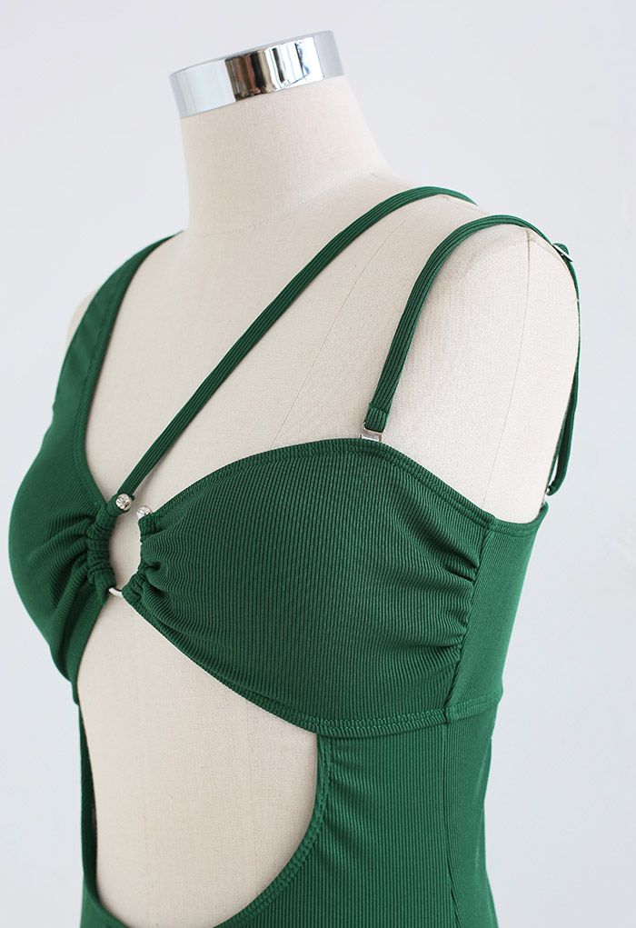 Dark Green Asymmetric Straps Cutout Swimsuit