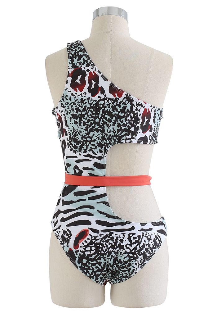 One-Shoulder Leopard Print Cutout Swimsuit