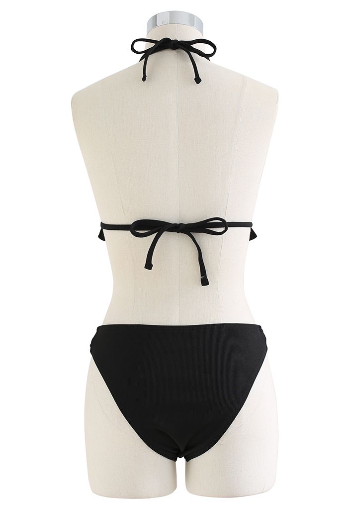 Halter Neck Solid Black Triangle Bikini Set