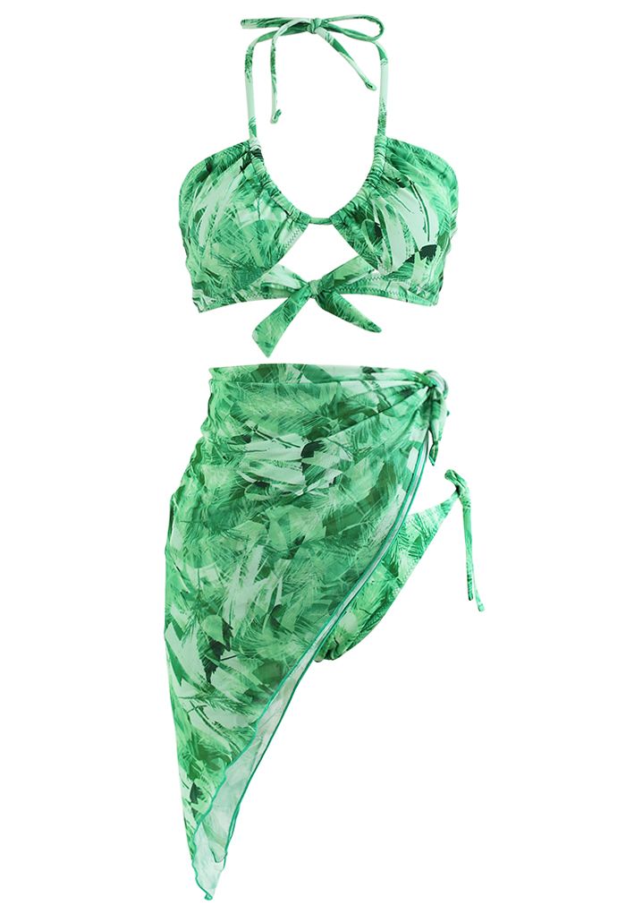 Greenery Leaf Knotted Bikini Set with Sarong