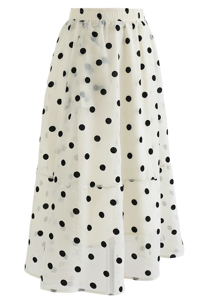 Black Polka Dot Sheer Midi Skirt in Cream