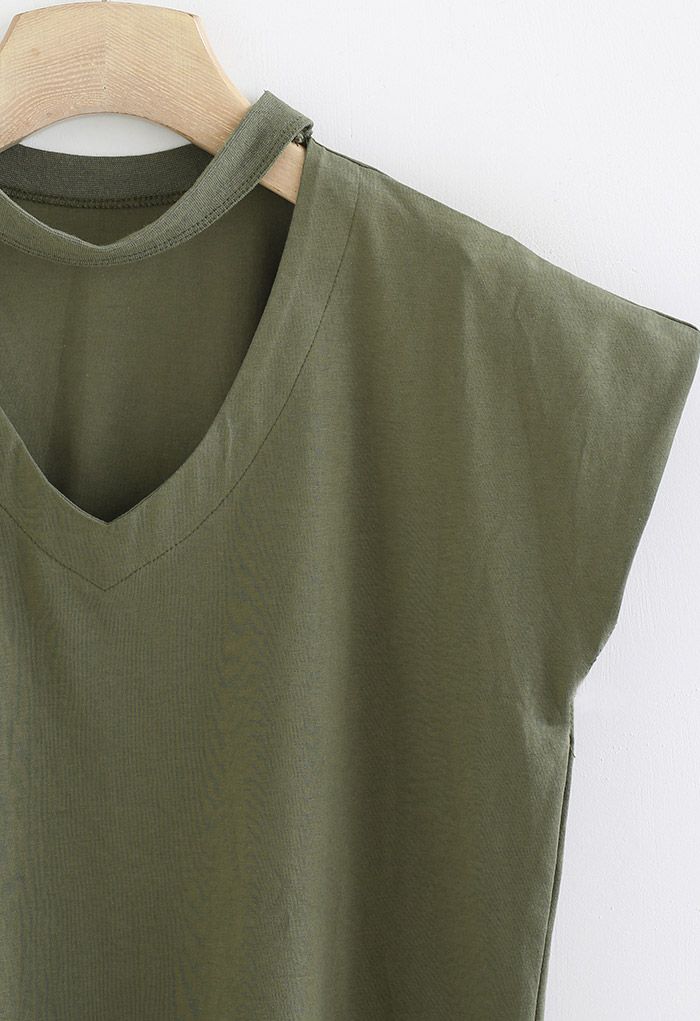V-Neck Choker Sleeveless Cotton T-Shirt in Army Green