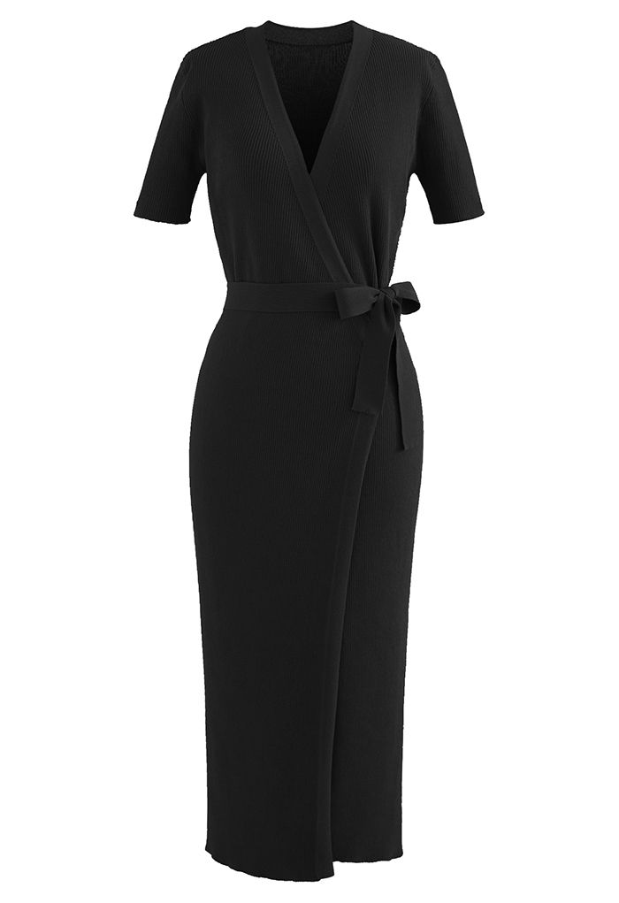 Self-Tie Bowknot Bodycon Knit Wrap Dress in Black - Retro, Indie and ...