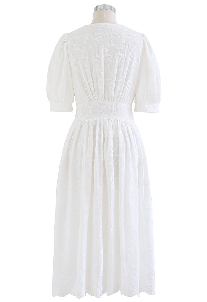 Floret Vine Embroidery White Midi Dress