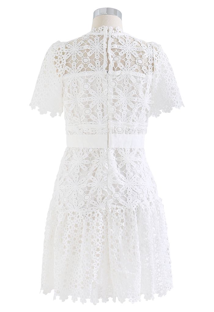 Sophisticated Floral Crochet Mini Dress in White