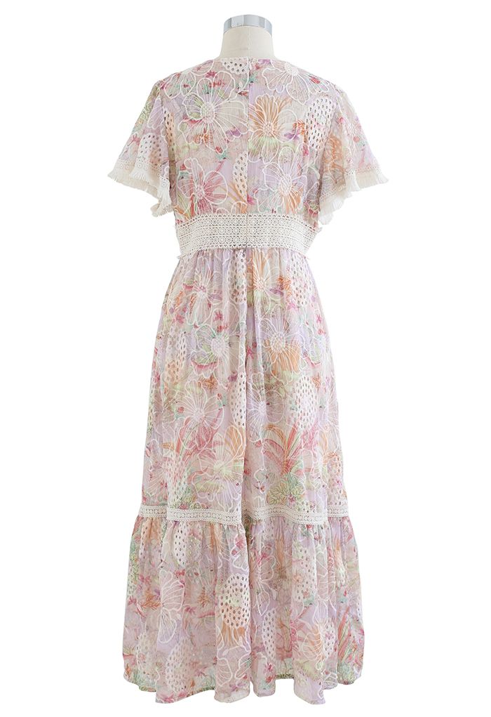 Embroidered Blossom World V-Neck Midi Dress in Pink - Retro, Indie and ...