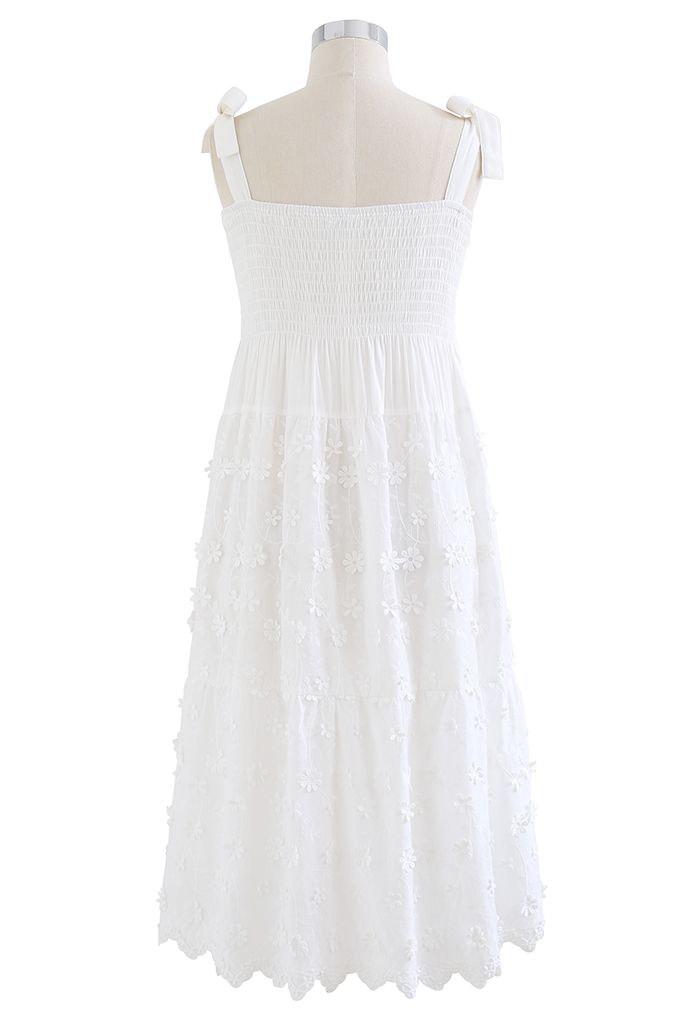 3D Floret Embroidered Tie-Strap White Dress