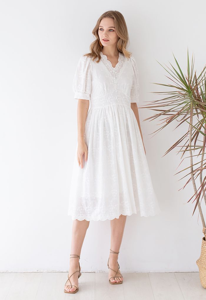 Floret Vine Embroidery White Midi Dress