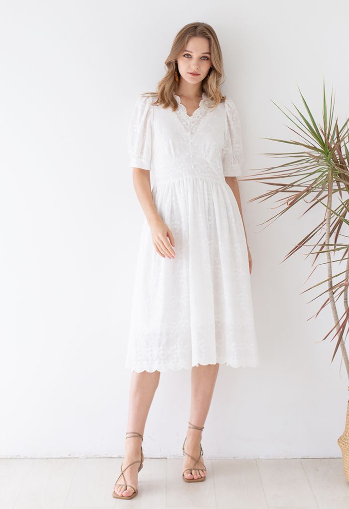 Floret Vine Embroidery White Midi Dress - Retro, Indie and Unique Fashion