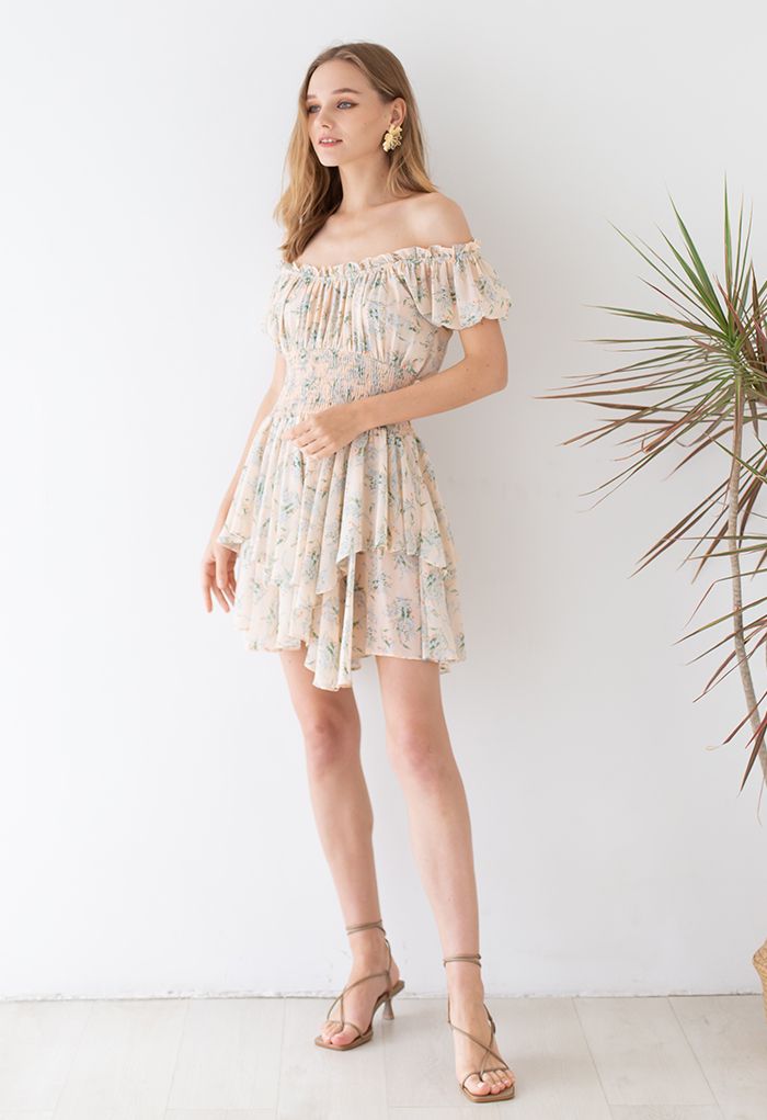 Posy Print Off-Shoulder Asymmetric Tiered Dress in Apricot