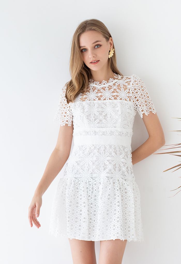 Sophisticated Floral Crochet Mini Dress in White