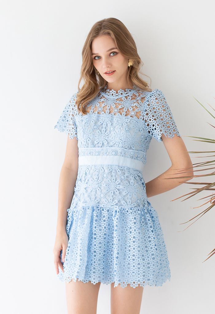 Sophisticated Floral Crochet Mini Dress in Blue - Retro, Indie and ...