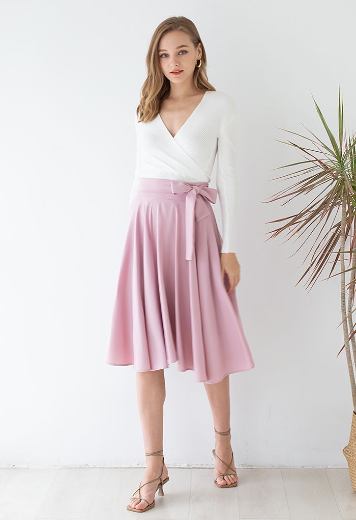 Flare Hem Bowknot Waist Midi Skirt in Pink