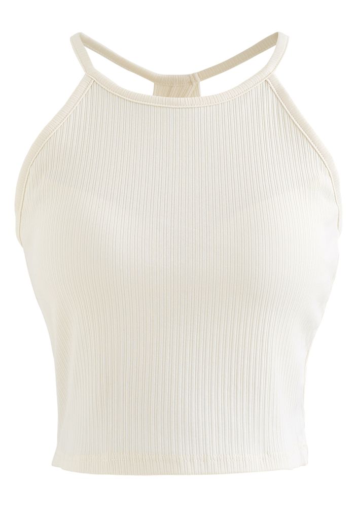Halter Neck Racer Back Ribbed Top in Cream - Retro, Indie and