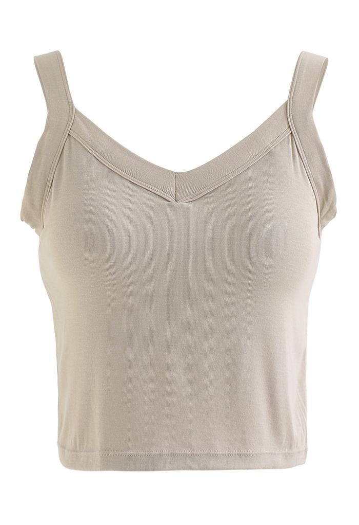 Soft V-Neck Crop Tank Top in Taupe - Retro, Indie and Unique Fashion