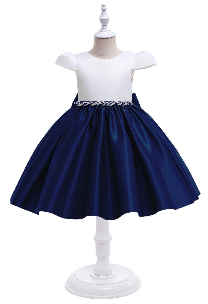 Beaded Waist Cap Sleeve Princess Dress in Navy For Kids