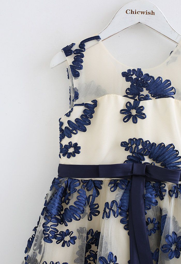 Asymmetric Floral Embroidered Tulle Dress in Navy For Kids