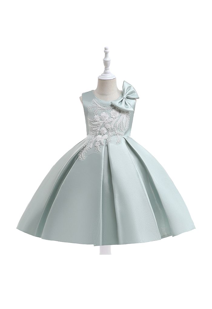 Beaded Flower Side Bowknot Princess Dress in Mint For Kids