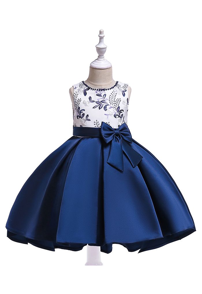Embroidered Branch Bowknot Hi-Lo Princess Dress in Navy For Kids ...
