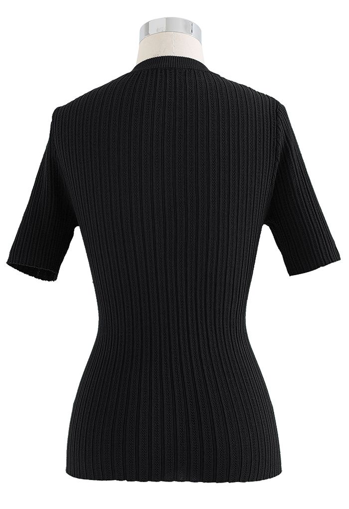 Choker Neck Faux-Wrap Short-Sleeve Knit Top in Black