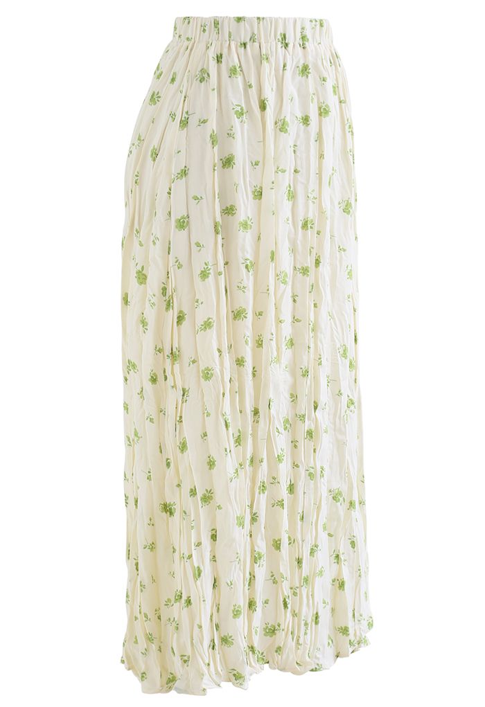Rose Bouquet Print Ruched Slit Skirt in Cream