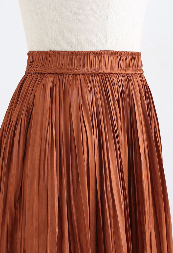 Glimmer Pleated Elastic Waist Midi Skirt in Caramel - Retro, Indie and ...
