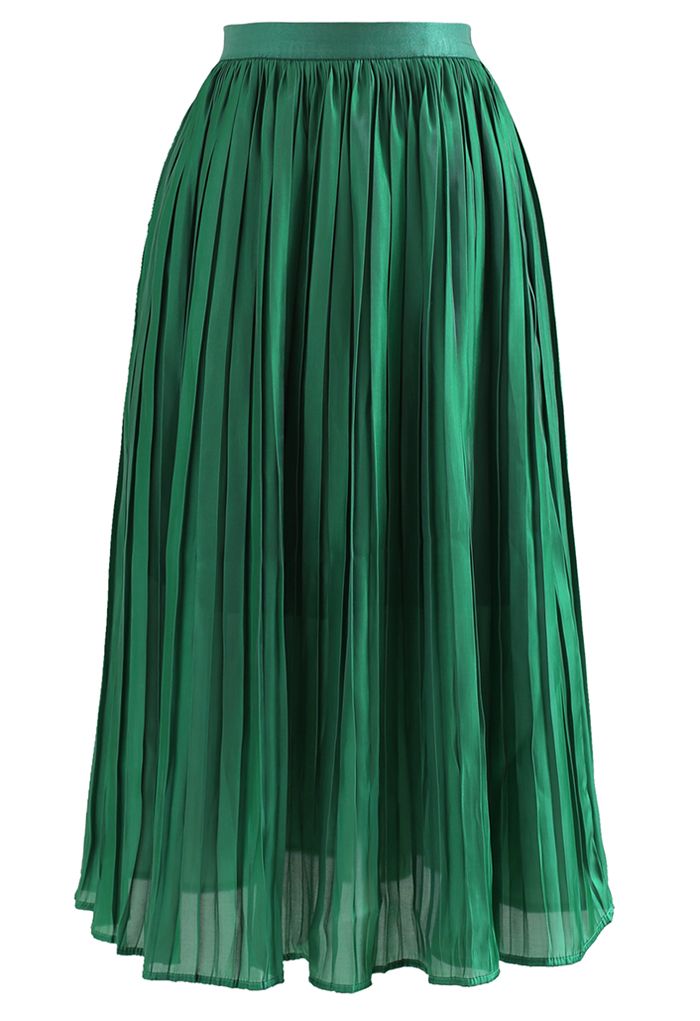 Glimmer Pleated Elastic Waist Midi Skirt in Green - Retro, Indie and ...