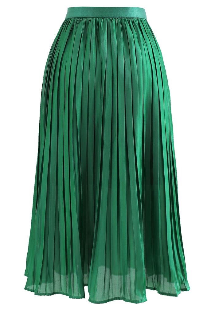 Glimmer Pleated Elastic Waist Midi Skirt in Green