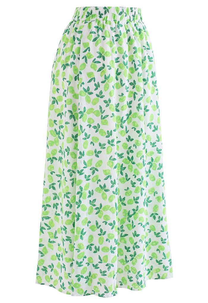 Fresh Lemon Print Midi Skirt in Green