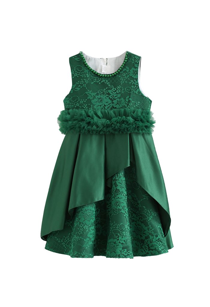 Floral Lace Ruffle Mesh Princess Dress in Emerald For Kids