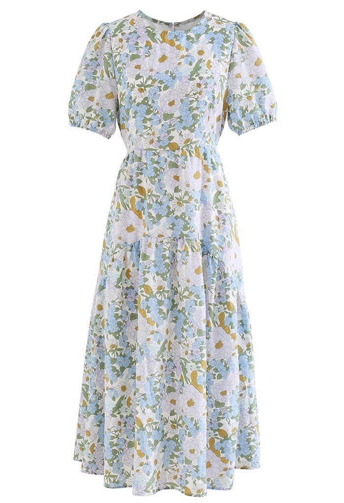 Embrace Sunshine Floral Midi Dolly Dress in Blue - Retro, Indie and ...