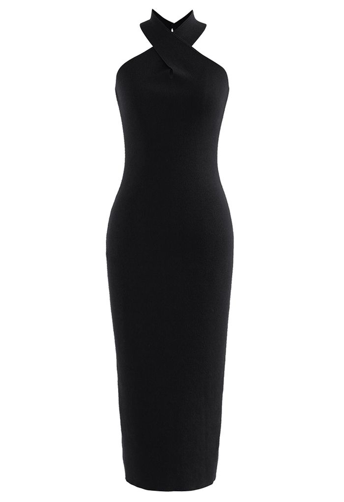 Crisscross Halter Neck Bodycon Knit Dress in Black - Retro, Indie and ...