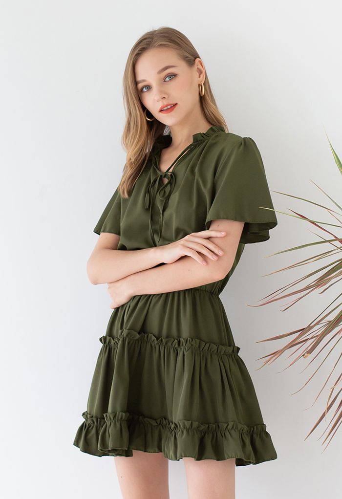 V-Neck Flare Sleeve Ruffle Trim Dress in Army Green - Retro, Indie and ...
