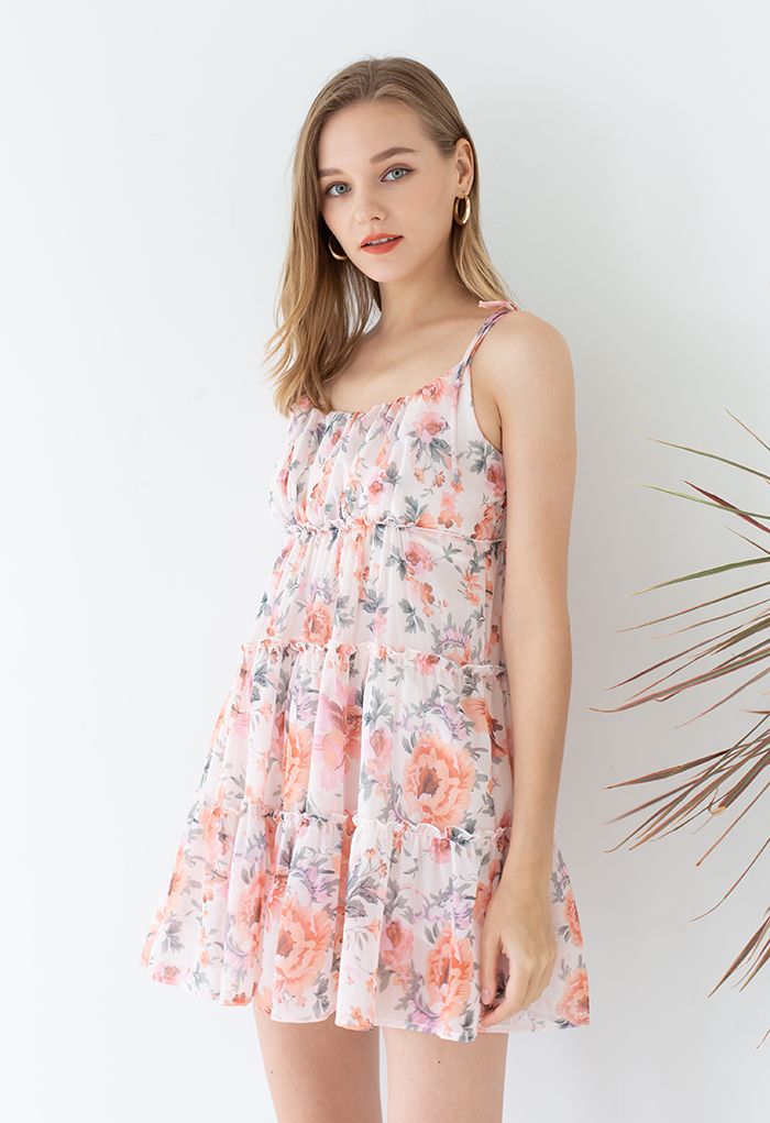 Watercolor Flower Ruffle Trim Chiffon Cami Dress - Retro, Indie and Unique  Fashion